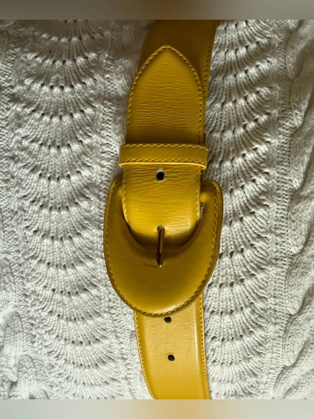 Yellow Leather Waist Belt with Curved Buckle - Women Accessories